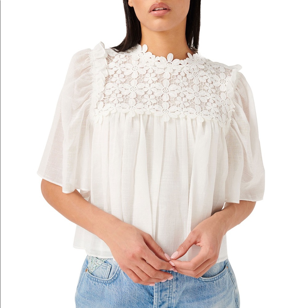 7 FOR ALL MANKIND Floral Applique Yoked Short-Sleeve Blouse